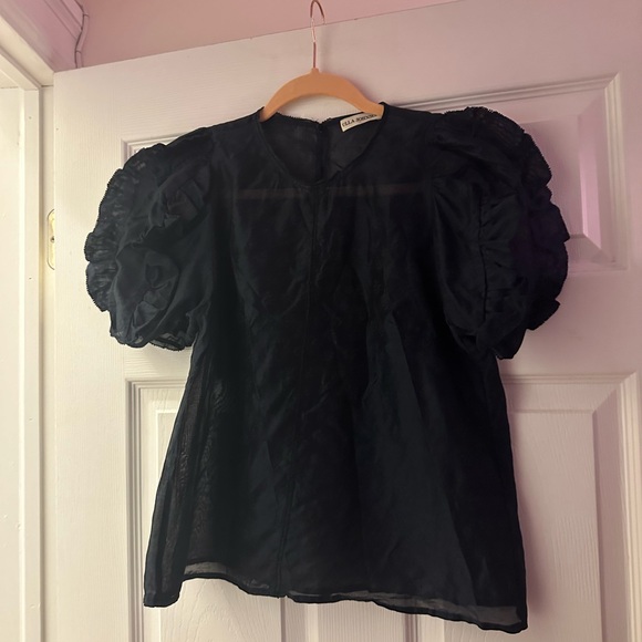 Ulla Johnson Tops - Ulla Johnson Navy Organza Ruffle Puff Sleeve Sheer Top  Size 6 Rare Blouse
